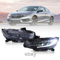 For 2016-21 Honda Civic LED DRL Black Projector Headlights Sequential Lamps Pair